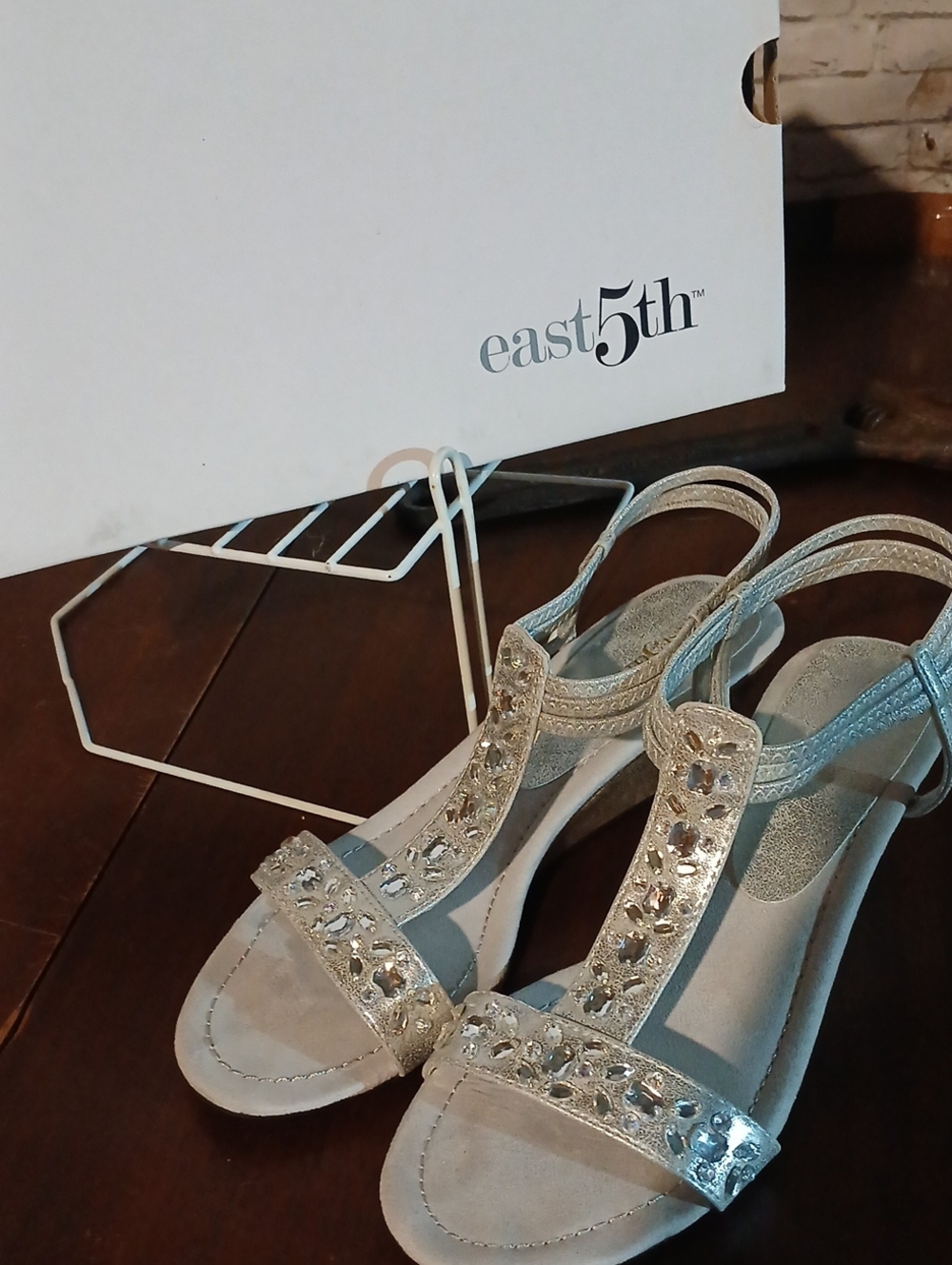 East 5th Silver Jeweled T-Strap Slingback Sandals